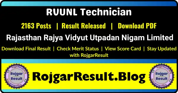 Rajasthan RVUNL Technician Final Result 2026 Released for 2163 Technician Operator and Plant Attendant Posts